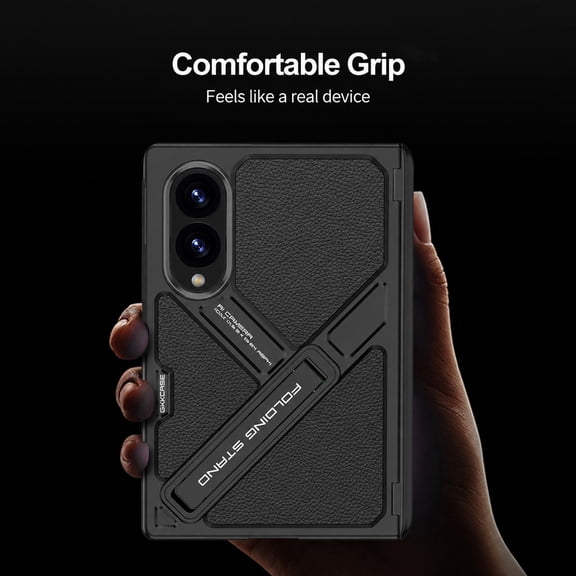 ELEHOLD Leather Texture Case for Samsung Galaxy Z Fold8, Shockproof Protective Cover with Adjustable Kickstand Screen Protector, Black