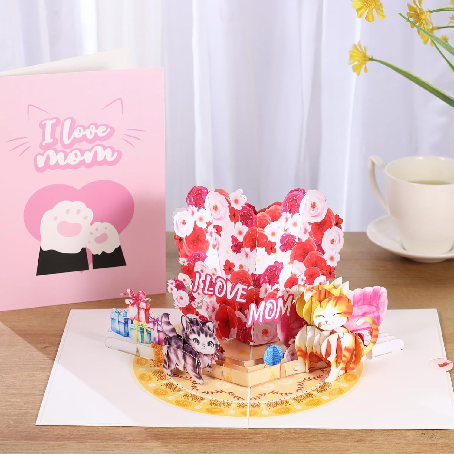 I Love You Mom, Pop Up Mother’s Day Card, 3D Cat Mom & Floral Heart Shaped Birthday Cards, Ideal Gift for Wife, Godmother, Stepmom, Sister, Grandma, Mother in law, 6x8 - Includes Envelope And Note