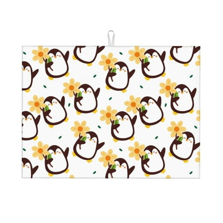 

Tebeau Penguin With Flowers Print Dish Drying Mat for Kitchen Counter Dish Drying Pad with Non-slip Rubber Backed Hide Stain Anti Absorbent for Kitchen Counter Drying Mat