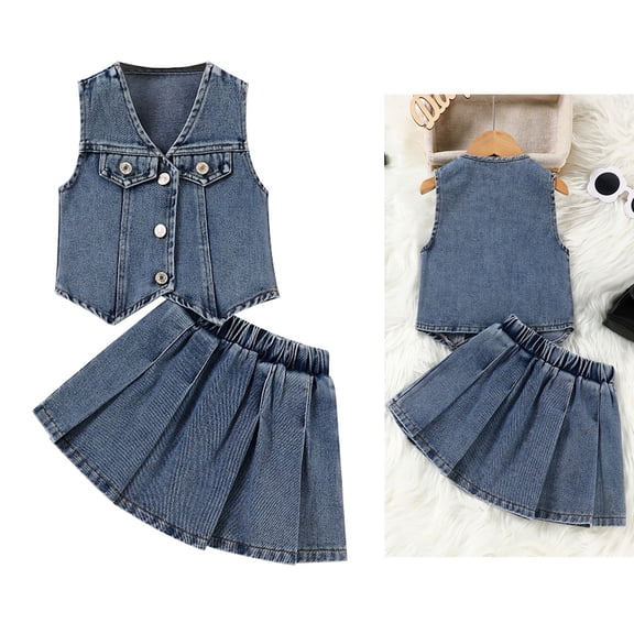 Y2K Outfits for Girls Denim Jeans Button Down Vest Tops and Pleated Skirts Set Girls Jean Outfit 3-4 Years