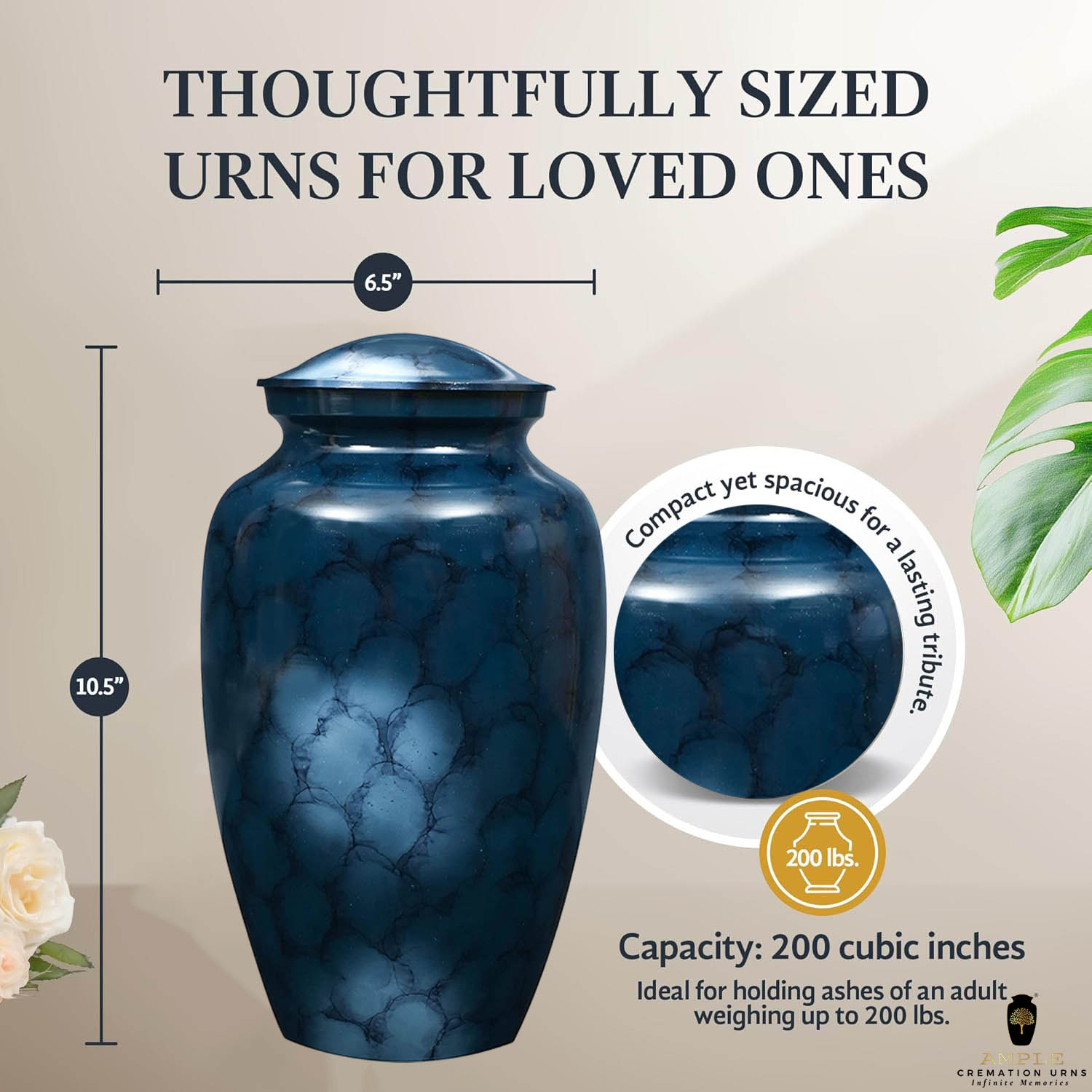 Blue Marble Finish Cremation Urn for Human Ashes – Adult Size Memorial Funeral Urn with Secure Lid