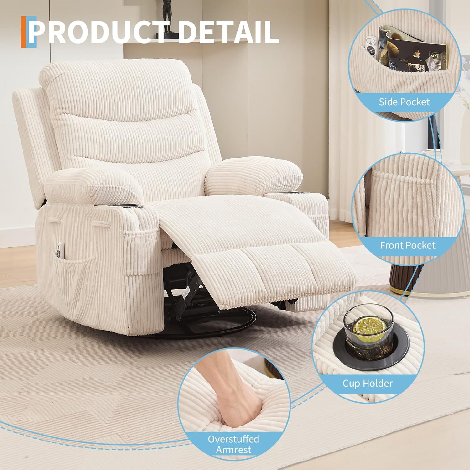 Recliner Chair Nursery, Oversized Manual Reclining Rocking Chair, 360 Swivel Glider with Cup Holder, Massage and Heat Recliner, Indoor Small Single Sofa Chairs for Adults, RV, Bedroom（Corduroy，Beige）
