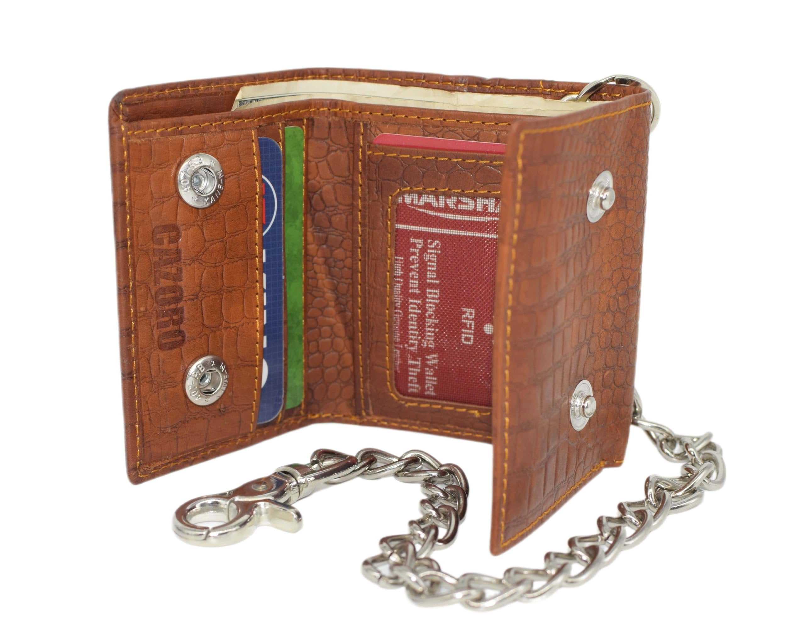 Men's Biker Chain Trifold Wallets - RFID Blocking Distressed Croco