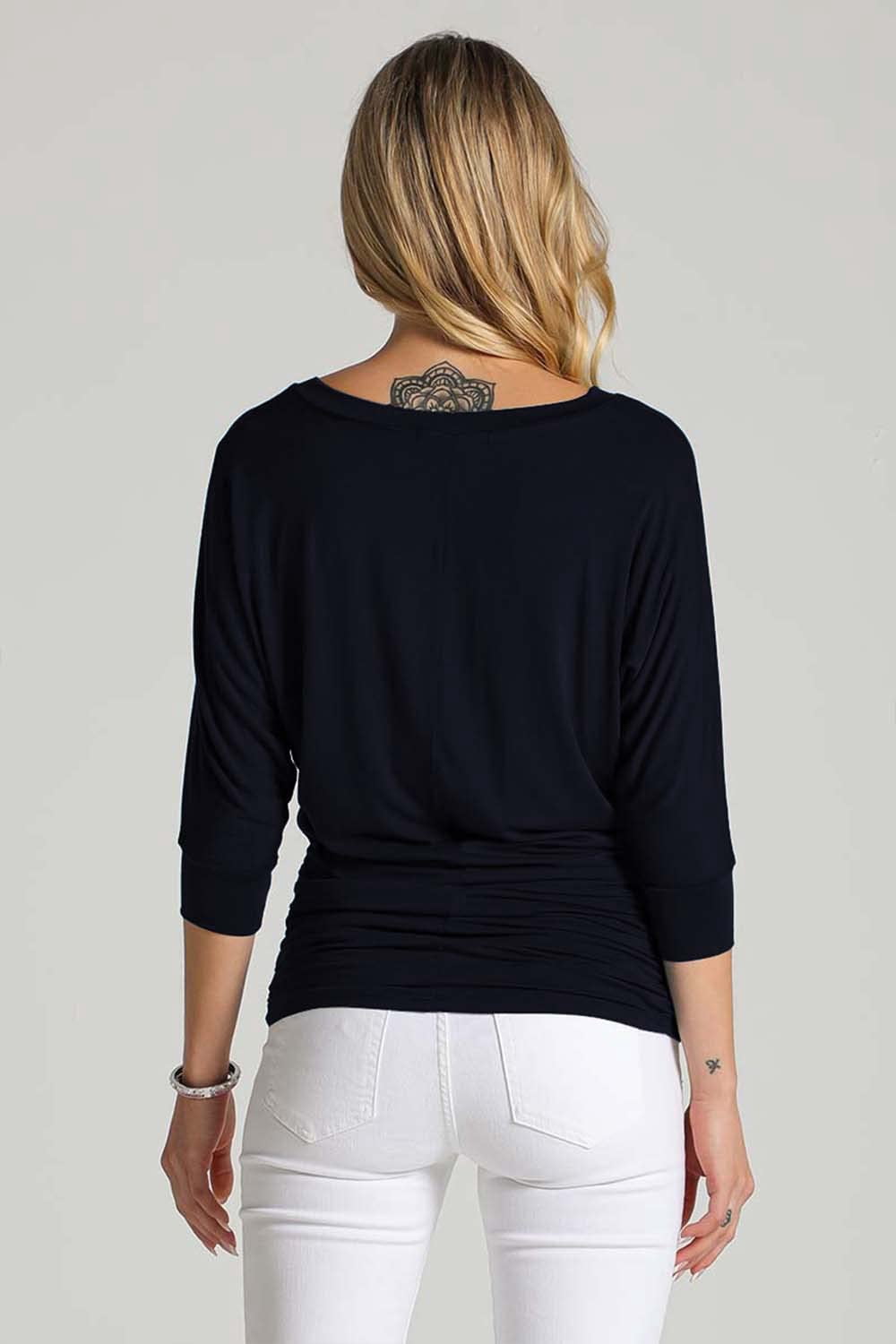 Women's Luxe Rayon Boat Neck Dolman Top - 3/4 Sleeve With Side Ruched Design