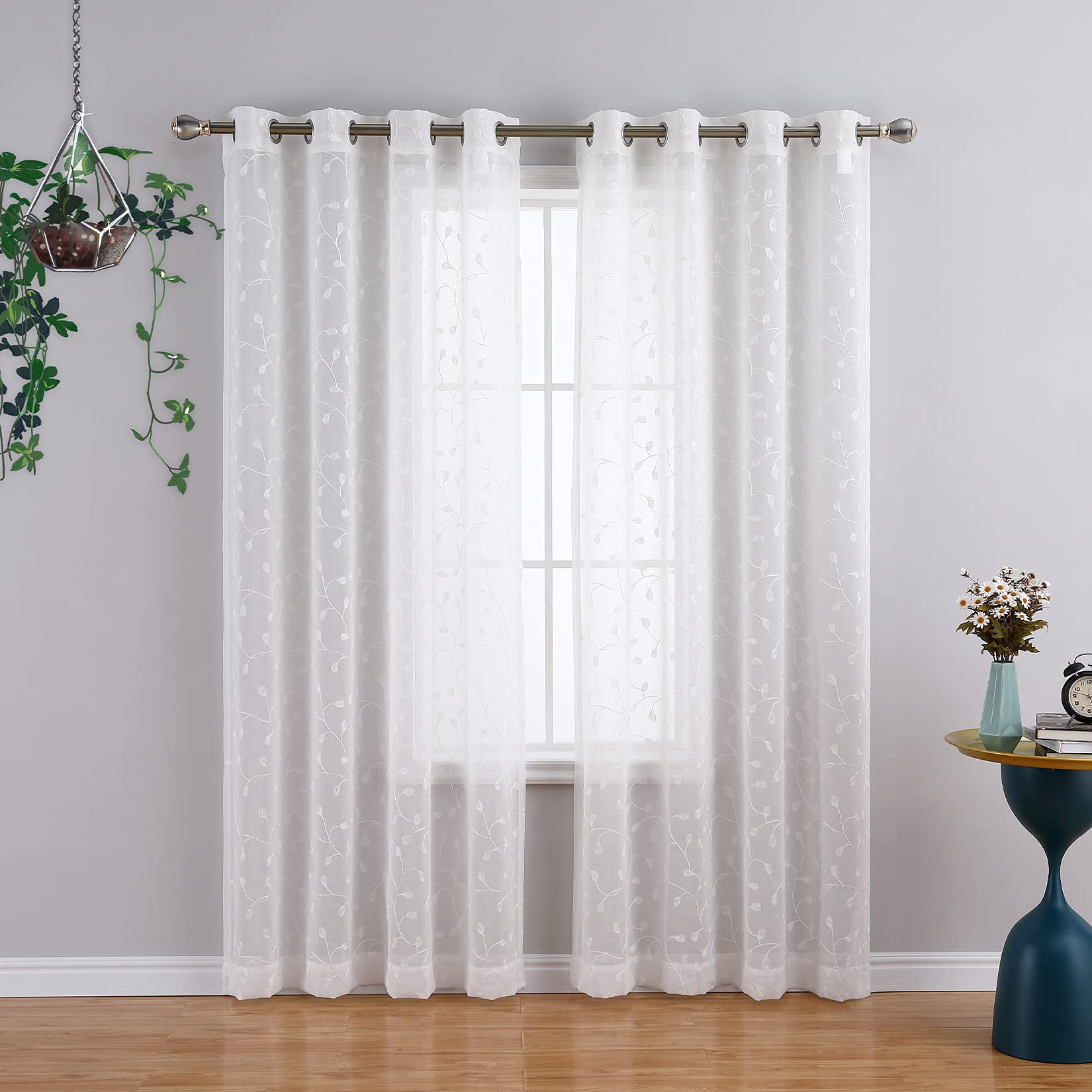 HAEMORE Embroidered Sheer Curtains 52 Inch Wide Bedroom Window Curtain