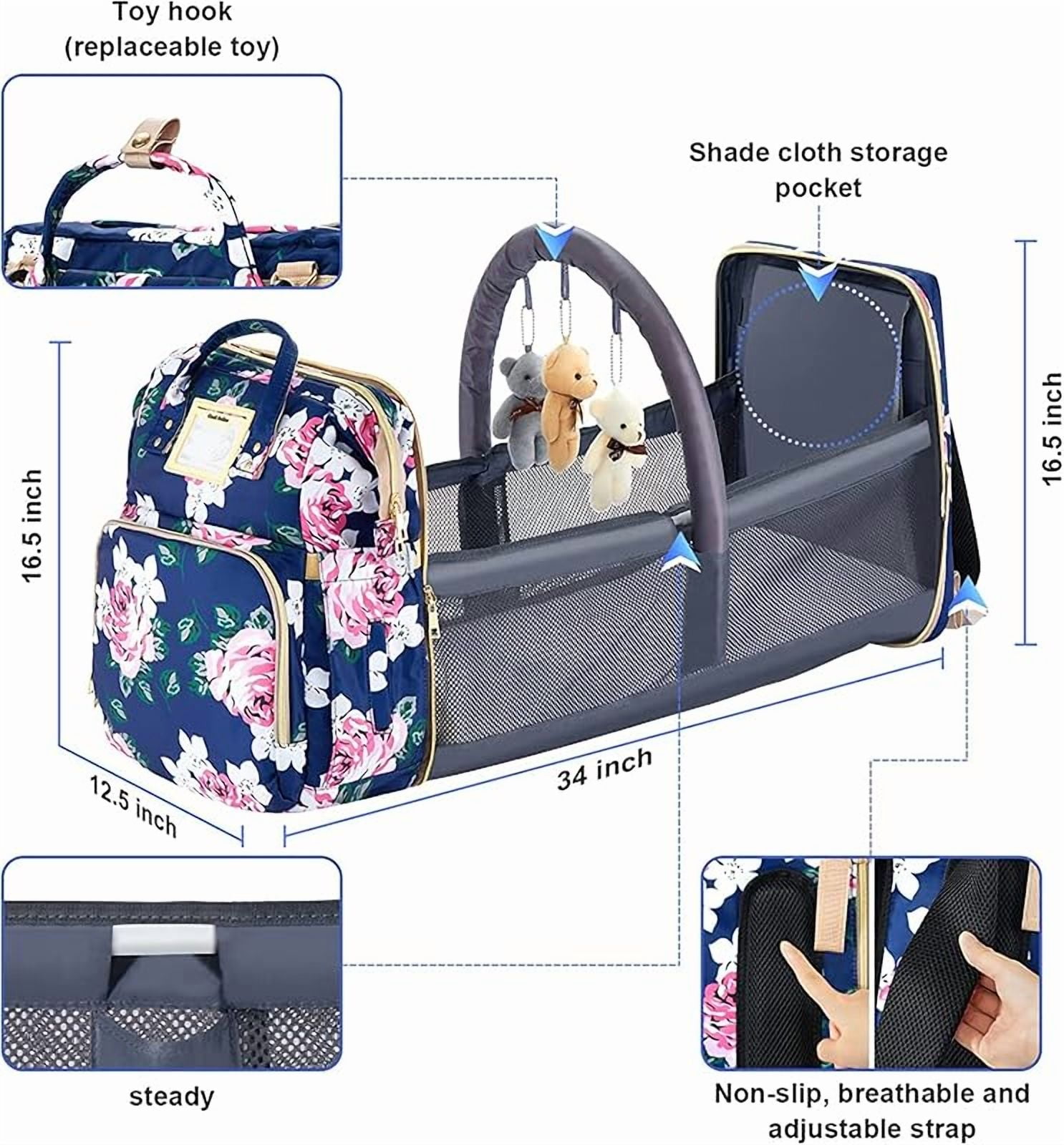 Diaper Bag Backpack with Changing Station, Foldable for Bady Toddler, 3 in 1 Large Capacity Newborn Essentials Organizer with Stroller Hook for Girls and Boys