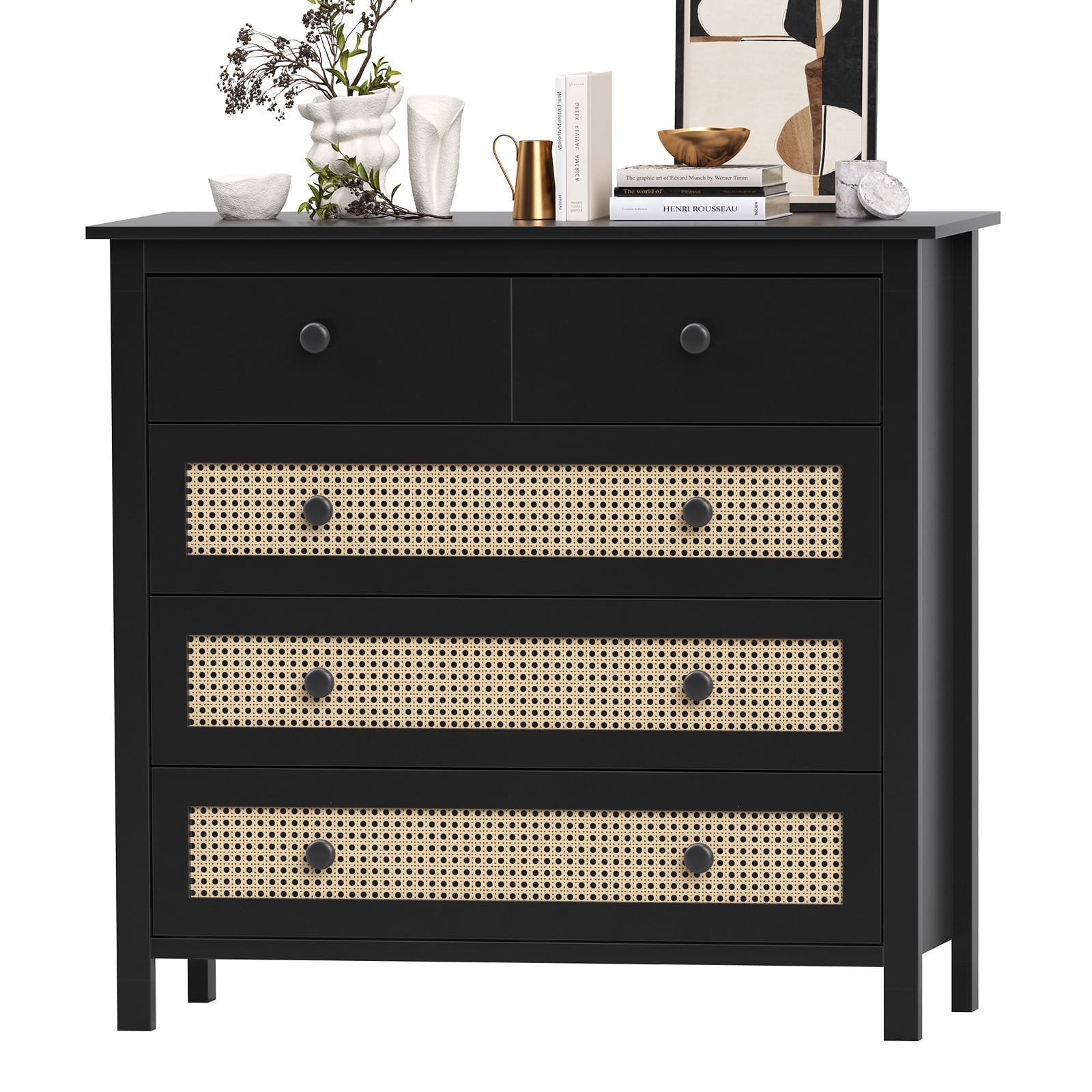 Aukfa 4 Drawer Dresser with Rattan Doors, Modern Boho Storage Cabinet Wooden Chest of Drawers for Bedroom, Living Room, Walnut