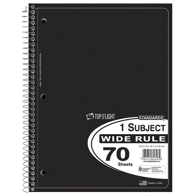 Top Flight Standards Cuaderno De 1 Tema 70 Hojas Perforadas Regla Ancha El Color Puede Variar (31306)