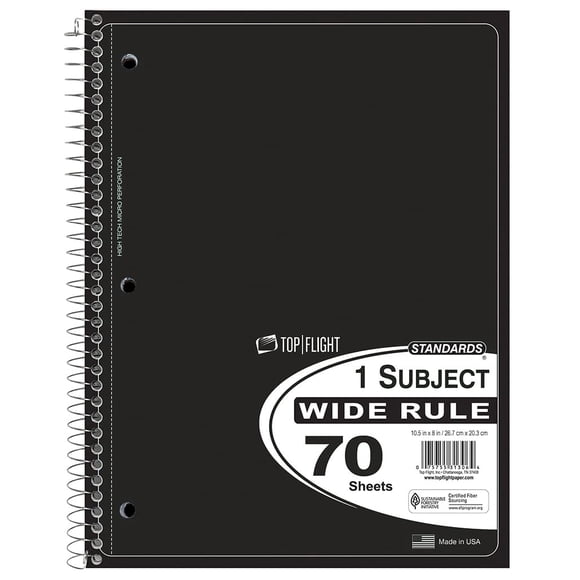 Top Flight Standards Cuaderno De 1 Tema 70 Hojas Perforadas Regla Ancha El Color Puede Variar (31306)