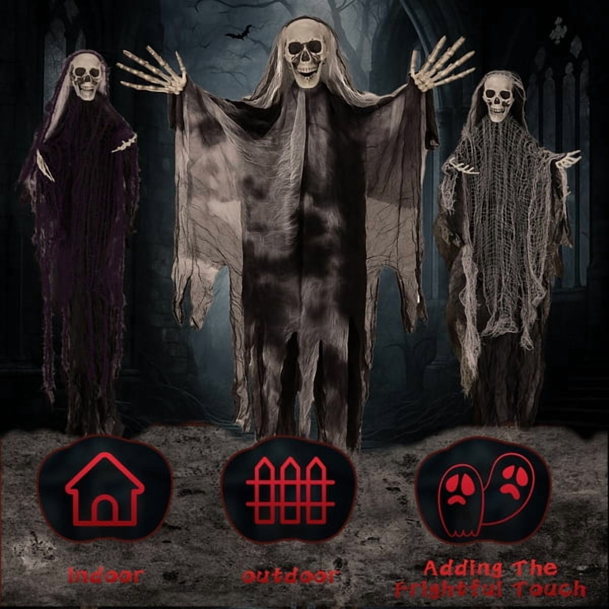 3-Pack Halloween Hanging Grim Reaper Decorations, Adjustable Arms, Realistic Skull/Fabric Robes, Indoor/Outdoor Use