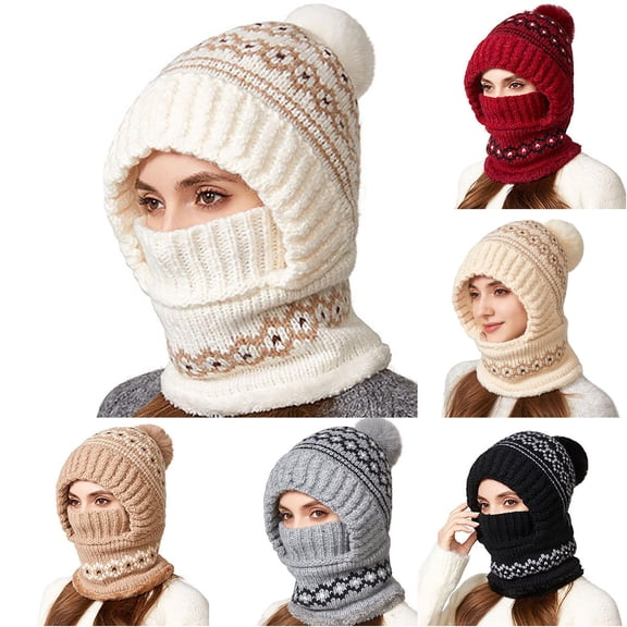 XIAOCHA Women’S Fair‑Isle Balaclava,Pom‑Pom Hats,Fall‑Winter Outdoor Trapper,White