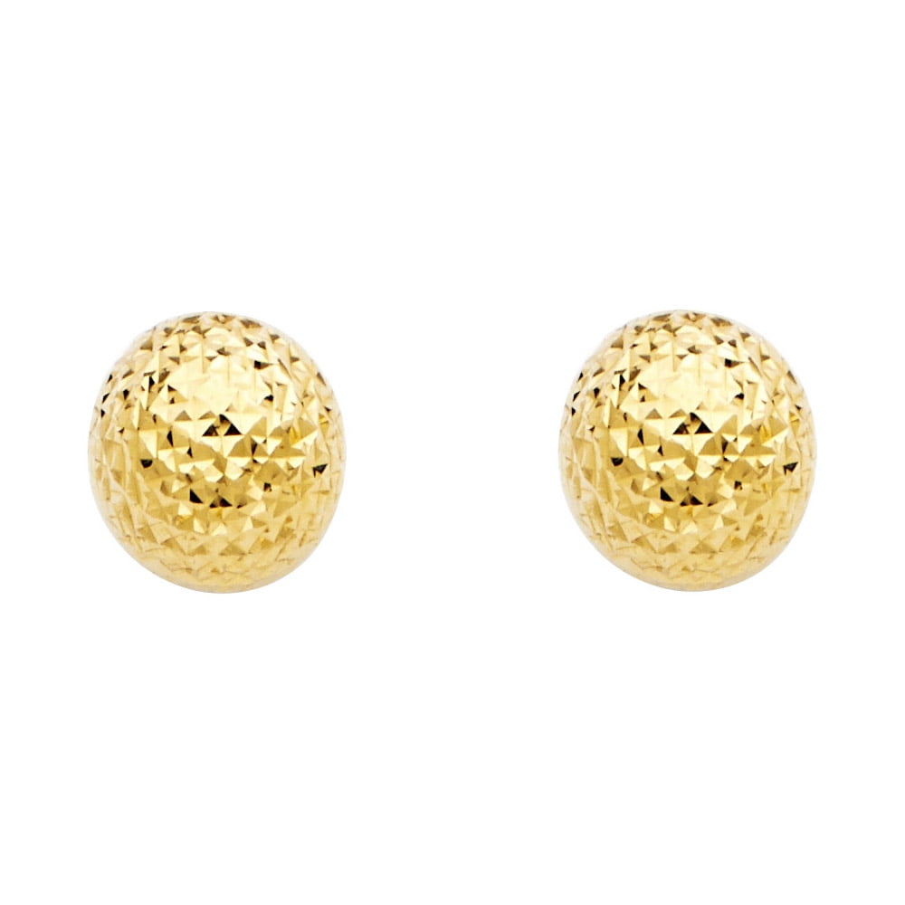 Round Ball Stud Earrings Solid 14k Yellow Gold Diamond Cut Studs Polished Fancy