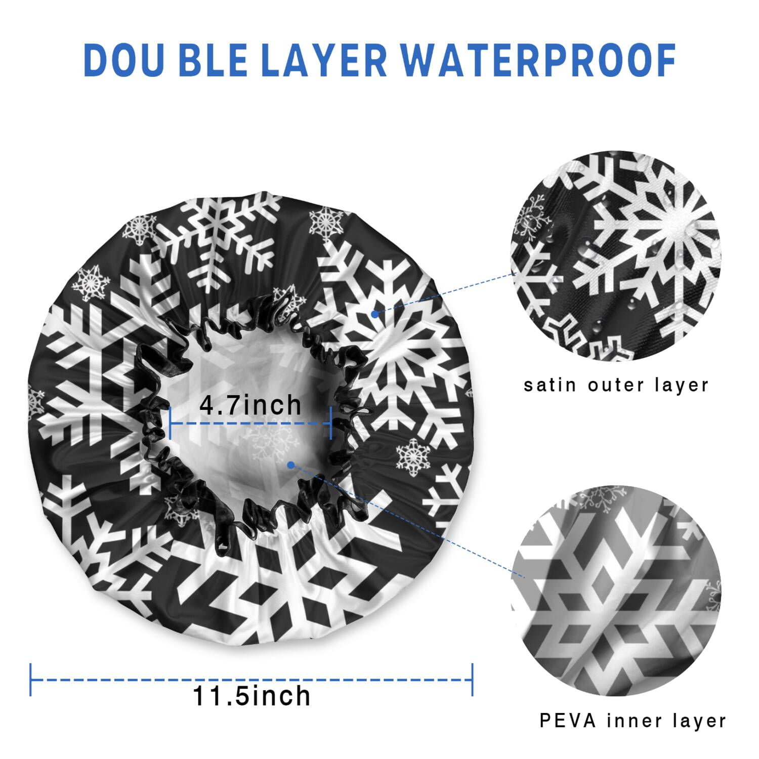 Shower Caps,Black Christmas Snowflake Pattern Waterproof Shower Cap for Women 4 Pieces,Double Reusable Hair Cover for Shower PEVA Elastic Stretch Hem