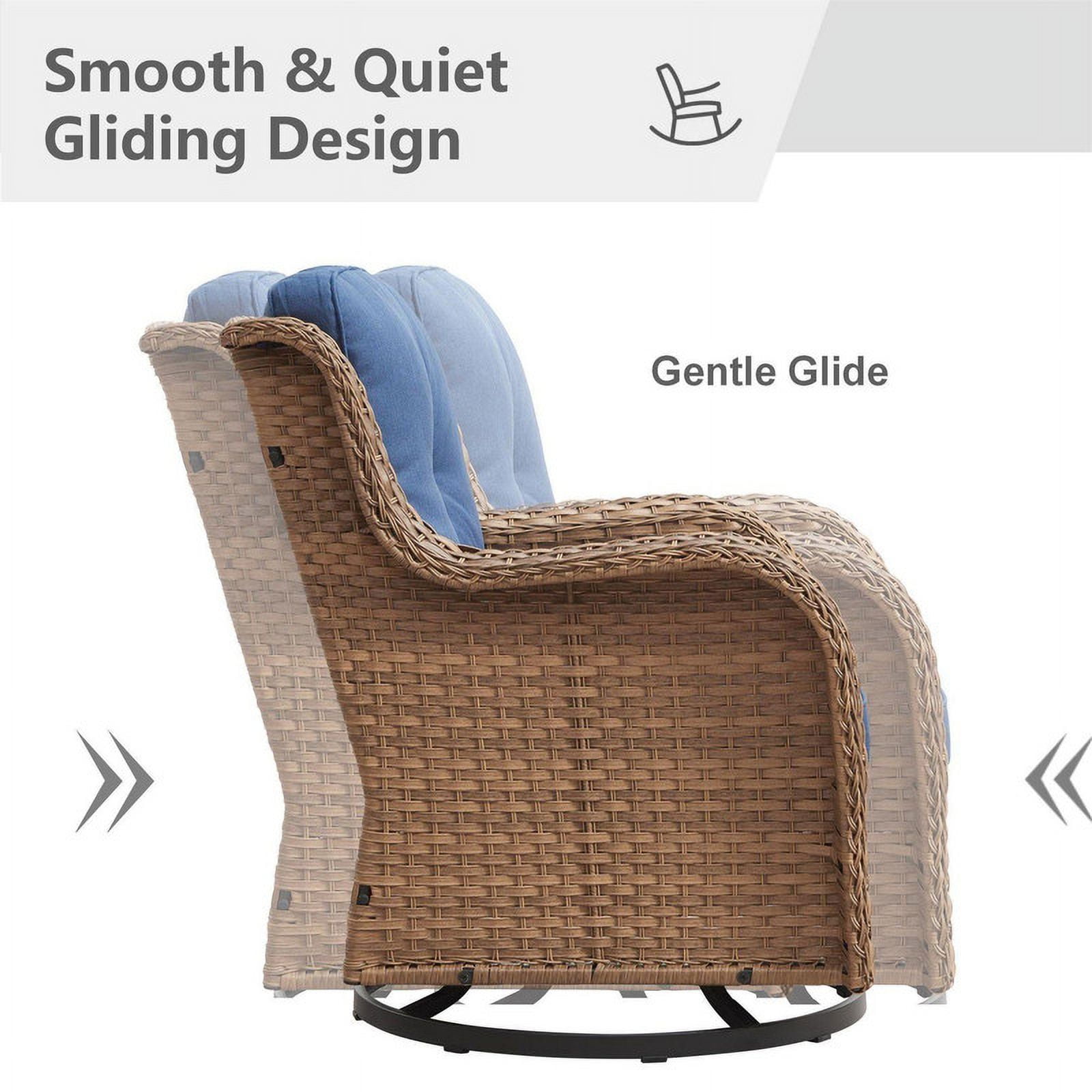 PARKWELL 3-Piece Outdoor Swivel Gliders with Side Table,Rattan Wicker Bistro Furniture Set,Yellow Wicker and Blue Cushion