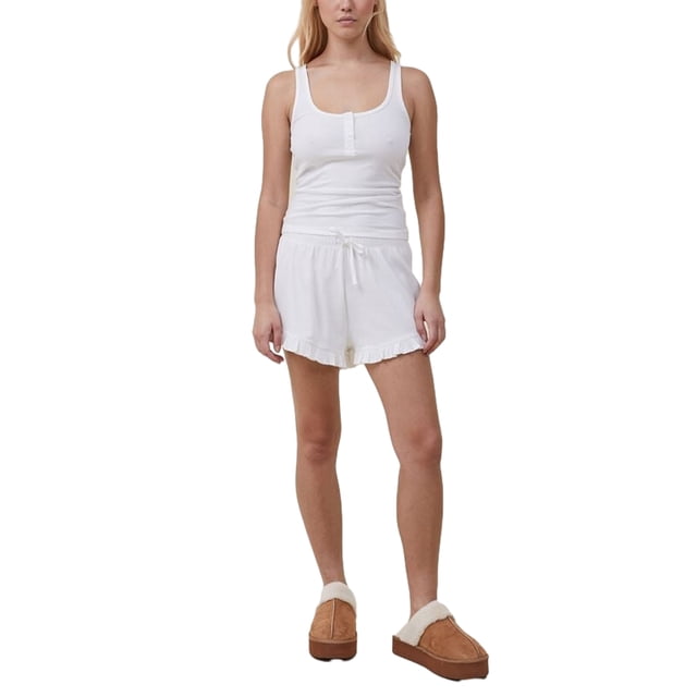 xiaxaixu Women Casual Ribbed Set Button Slim Fit Tank Top and Ruffles Trim Shorts Summer 2 Piece Outfits Loungewear