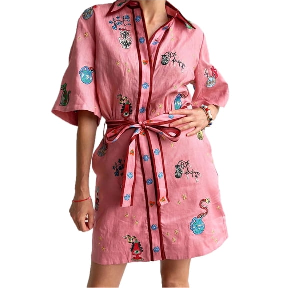 Women's Embroidered Tie Waist Shirt Dress with Buttoned Front Belted Silhouette 100% Polyester Everyday Wear Style