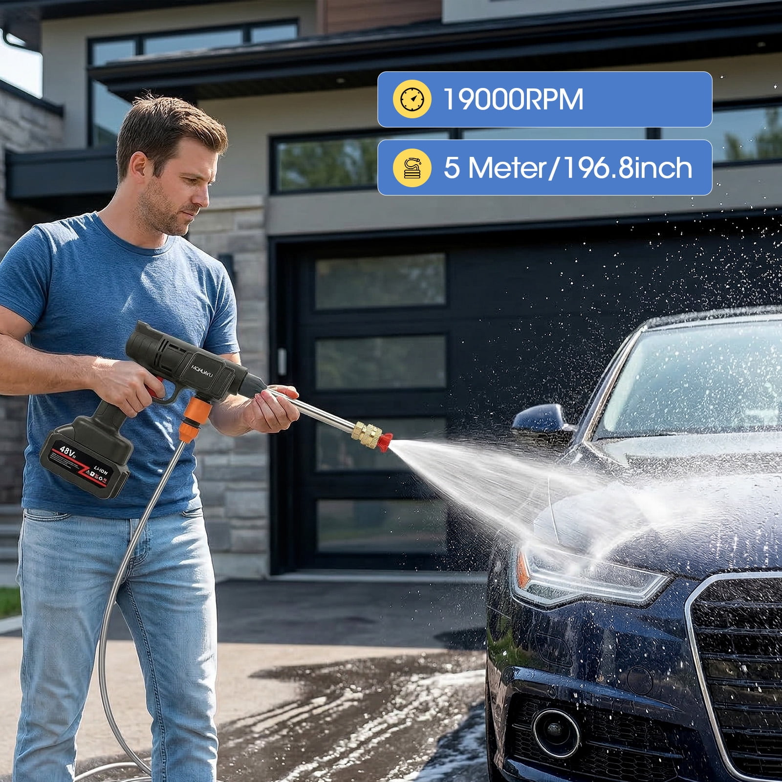 21V Cordless High Pressure Washer, Portable Power Cleaner 2 Nozzles 16.4FT Pipe, Black