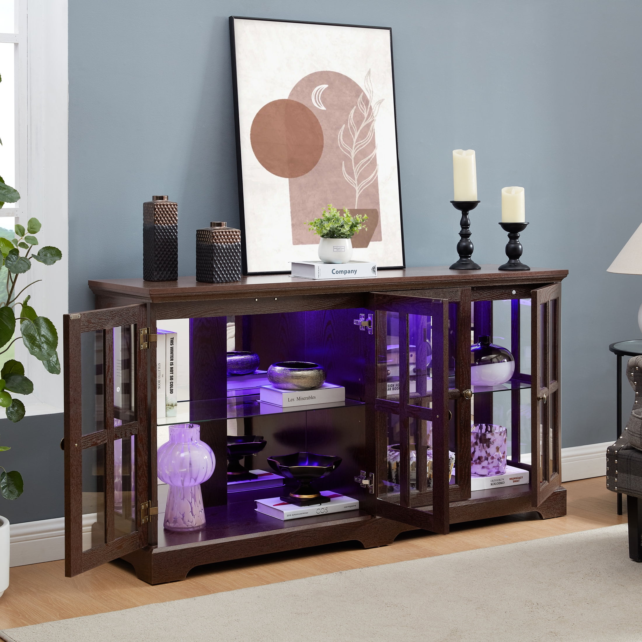 Noble House Auburn 59" LED Glass Display Cabinet, 4-Door Antique Curio, Adjustable Shelves, Vintage Showcase, Cherry