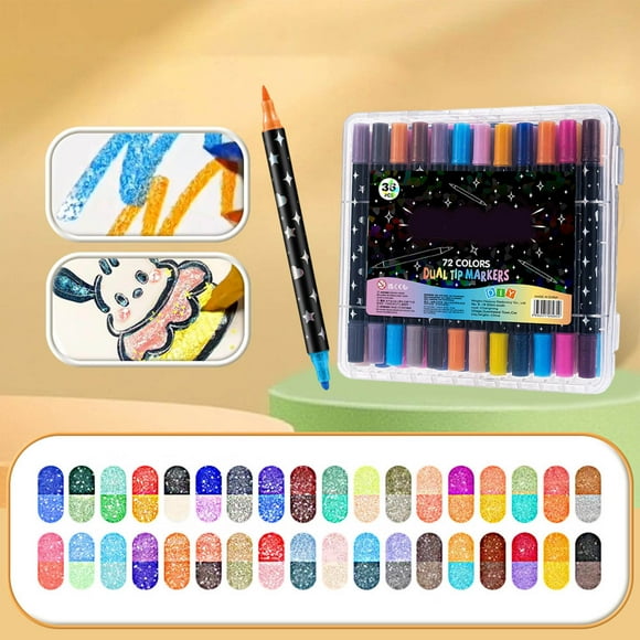 Rotulador fluorescente bicolor de alta luminosidad con purpurina nacarada, ideal para cuadernos escolares. Incluye 60 ml de rotuladores de plástico.