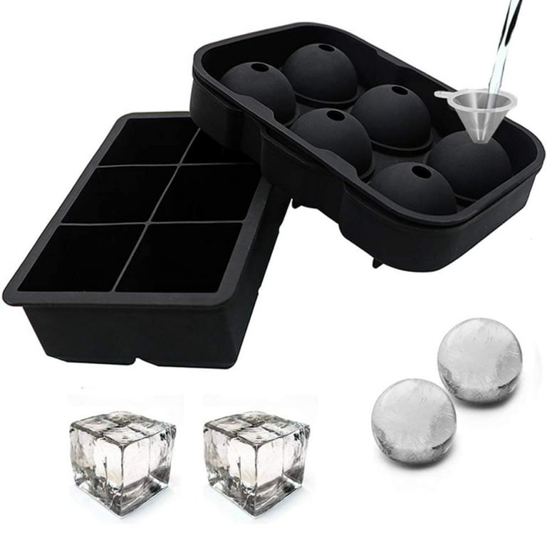 SKYCARPER Large Ice Cube Trays for Whiskey, 2 inch Flexible 4 Ice Balls Maker with Lids & Bonus Funnels, BPA Free Round Silicone Ice Cube Molds, Reusable Sphere