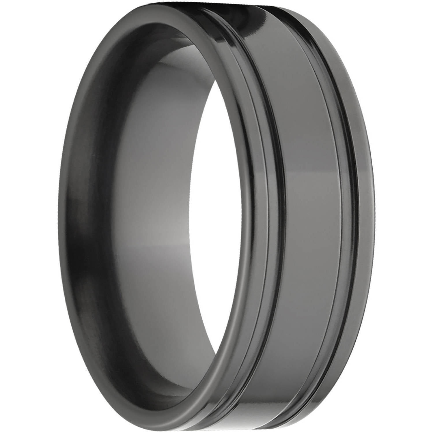 8mm Flat Black Zirconium Ring with Two Grooves and a Polished Finish