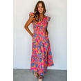 thumbnail image 5 of Women's Rose Red Boho Floral V Neck Ruffle Tiered Long Dress, 5 of 8