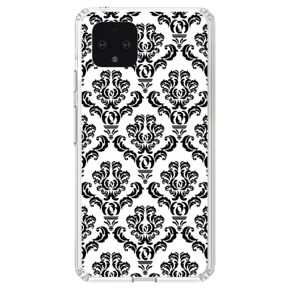 DistinctInk Clear Shockproof Hybrid Case for Google Pixel 4 (5.7" Screen) - TPU Bumper, Acrylic Back, Tempered Glass Screen Protector - White Black Damask Pattern - Floral Damask Pattern