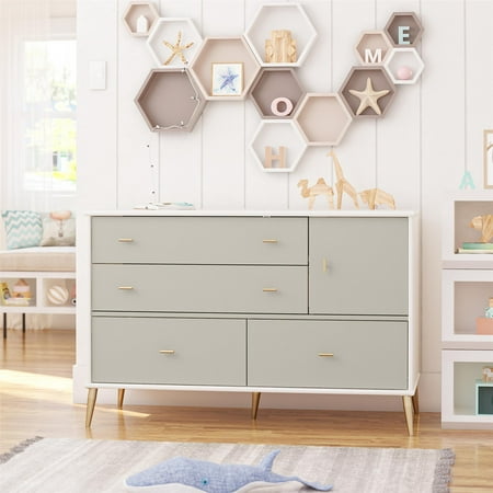 UPC: 0029986113245 | Little Seeds Valentina Asymmetrical 4 Drawer / 1 Door Convertible Dresser White and Taupe