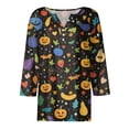 thumbnail image 4 of Camiseta de mujer con estampado de Halloween, botones, manga 3/4, estilo diario, fin de semana, moda básica, escote en V, top regular, 4 of 5