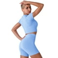 thumbnail image 4 of IBTOM CASTLE Women Workout Sets Yoga Outfits, Short Sleeve Crop Top + High Waisted Running Short Pants Gym Clothes Tracksuit, 2-Piece M Light Blue, 4 of 10