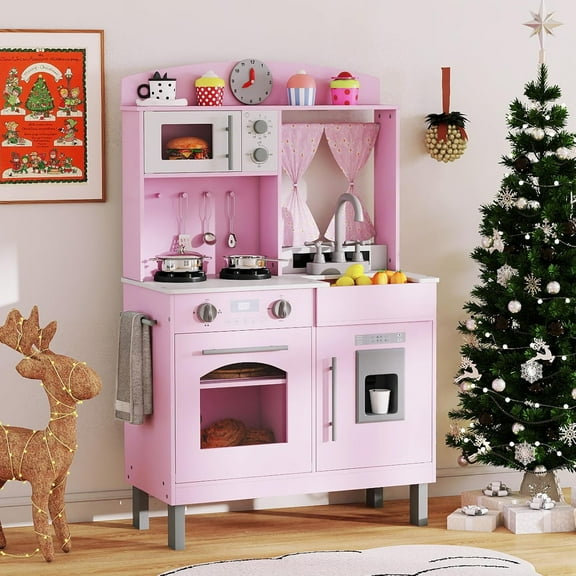 INFANS Kids Kitchen, Wooden Pretend Playset with Adjustable Heights Realistic Sounds Ice Maker Microwave Oven, Toddler Cooking Toy Gift for Boys Girls Aged 3