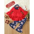 thumbnail image 2 of Suealasg Little Girl Christmas Outfits Clothes 1T 2T 3T 4T 5T 6T Kids Girls Long Sleeve Crew Neck T-Shirts Tops Santa Print Flare Pants Scarf 3Pcs Christmas Party Clothing for Children Girl, 2 of 9