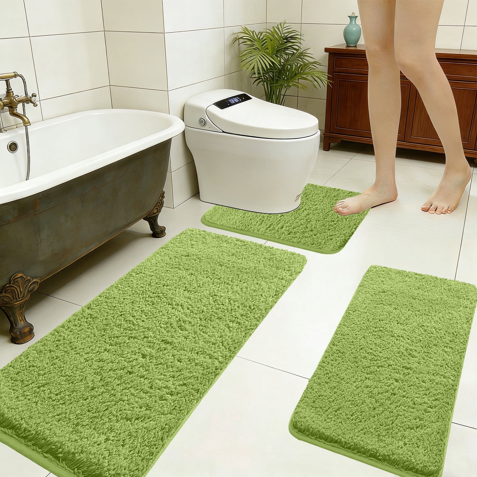3-Piece Bathroom Rug Set, Soft Plush Fleece and Memory Foam Bath Mat, Non-Slip Absorbent Floor Mat for Bathroom, Bedroom, or Laundry Room in Green