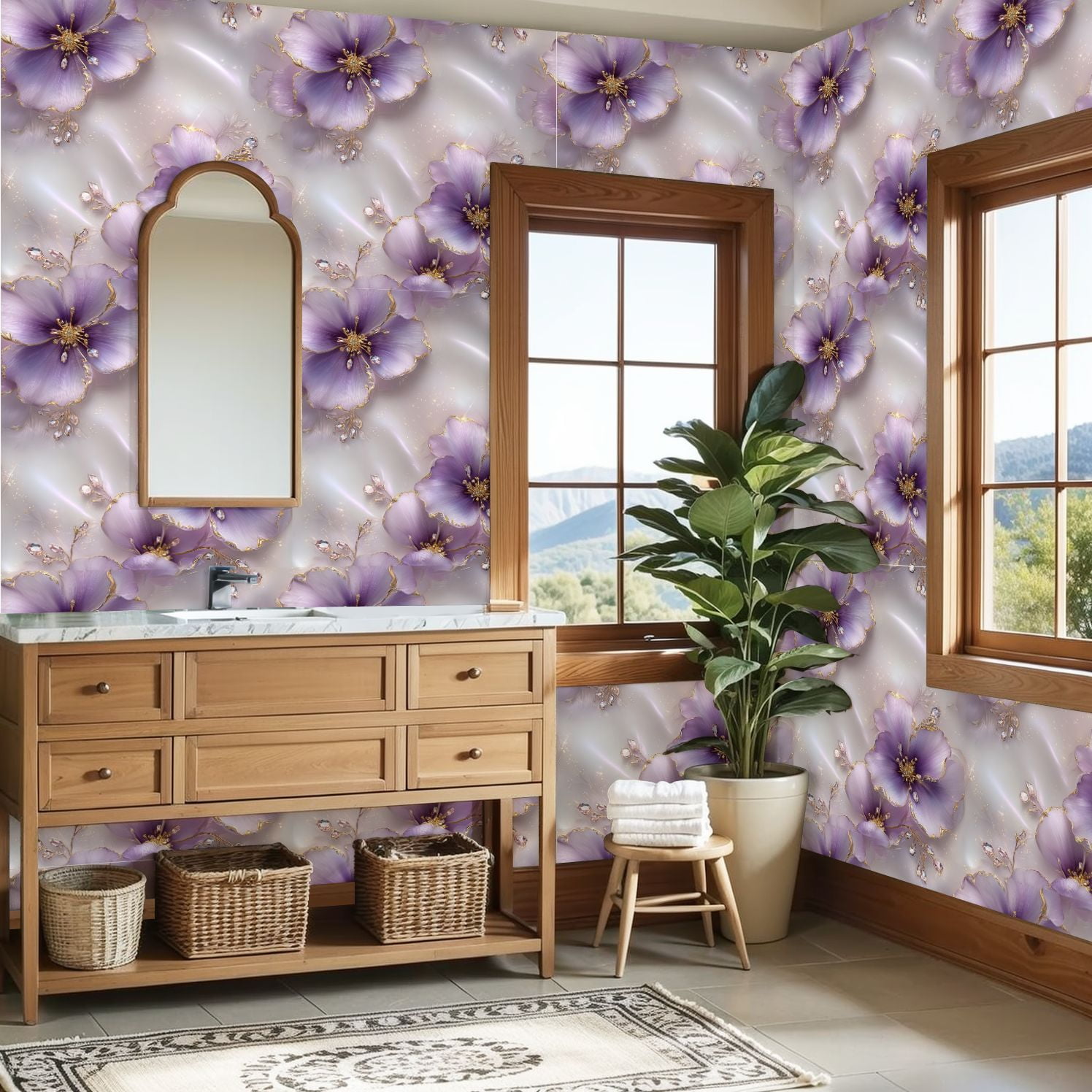 Peel and Stick Wallpaper Delicate Purple Floral Design Gold Accents Gemstone Wall Mural 23.6in x 9.8ft Self Adhesive Removable Wall Paper Renter Friendly Wallpaper for Nursery Bedroom