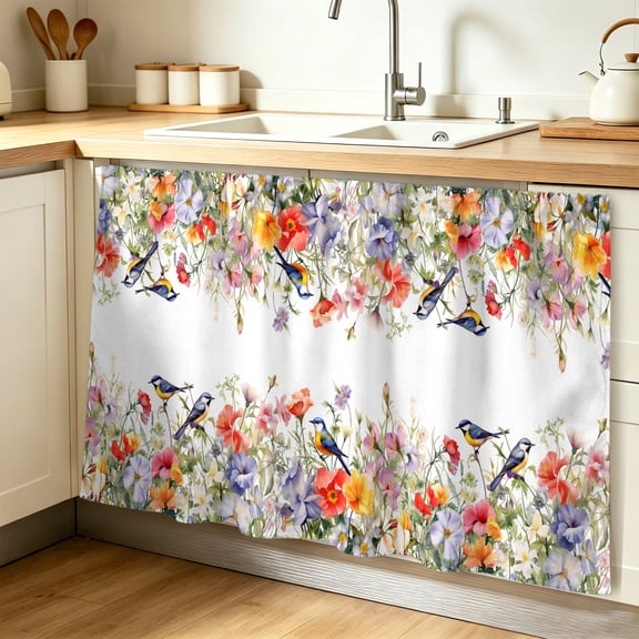 Vintage Flowers Cabinet Curtain 32"Wx55"L, Dustproof Pantry Door Curtain with Self Adhesive Tape, Spring Floral Botanical Pastoral Tall Storage Cover Privacy Drape for Bathroom Kitchen Laundry Room