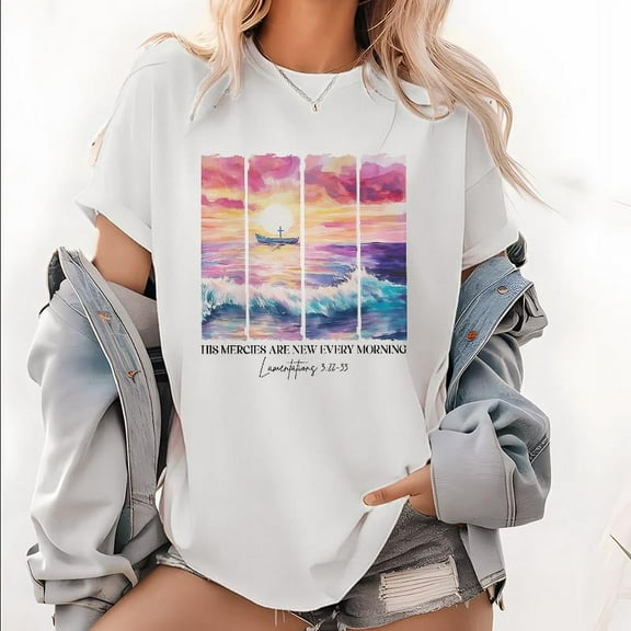 Christian Inspirational Graphic Tees - "His Mercies Are New Every Morning" Lamentations 3:23 Scripture Print Shirts Casual Pattern Tops(S-5XL)