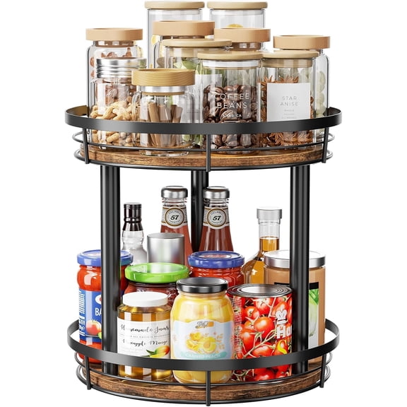 LAMU 2 Tier Lazy Susans Turntable Organizer for Cabinet Pantry Kitchen Countertop Refrigerator Cupboard, 10", Carbonized Wood Black