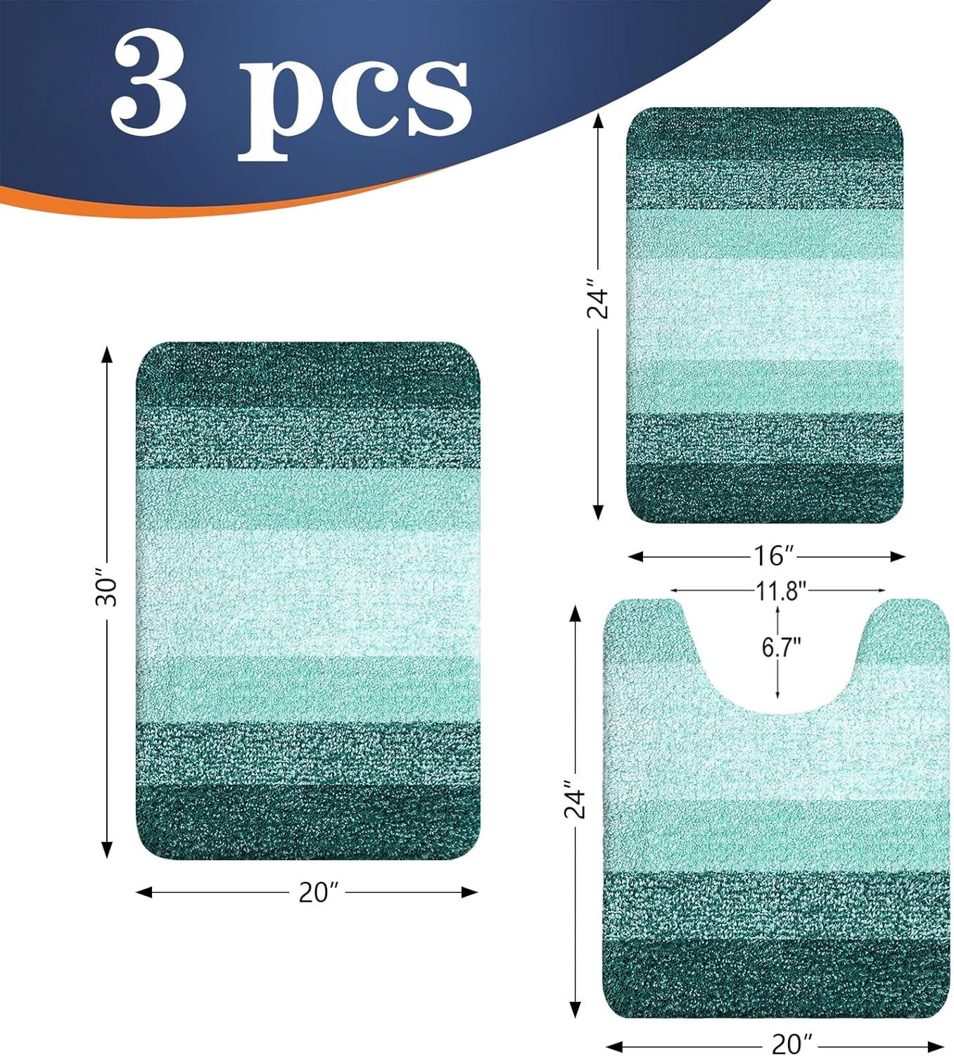Bathroom Rugs Sets 3 Piece, Soft Absorbent Microfiber Bath Mats and U-Shaped Contour Toilet Rug, Machine Wash Dry, Plush Shaggy Bath Mat Set for Bathroom