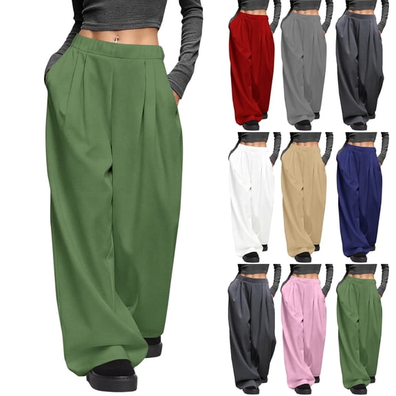 Women's Wide-Leg Pants Casual Loose Solid Color Pleated Stretch Waistband Pockets Outdoor Trendy Curved-Leg Full Lenth Pants S-2XL