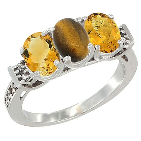 Citrine Tigers Eye Bracelet - 14K White Gold Natural Citrine, Tiger Eye & Whisky Quartz Ring 3-Stone 7x5 mm Oval Diamond Accent, sizes 5 - 10