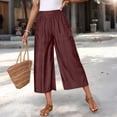 thumbnail image 4 of Women's Classic Loose Fit Wide Leg Culottes Trendy Elastic Waist Side Pocket Casual Summer Cropped Trousers Wine M, 4 of 9