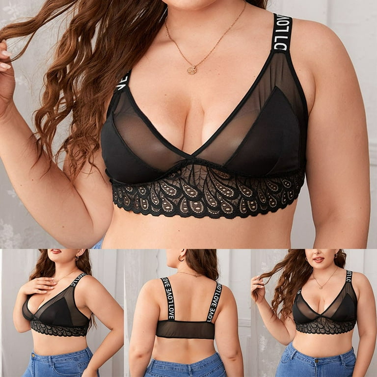 ALSLIAO Plus Size Sexy Women Bra Sissy Lingerie See Through Brassiere Lace  Bralette Bras Black 4XL 