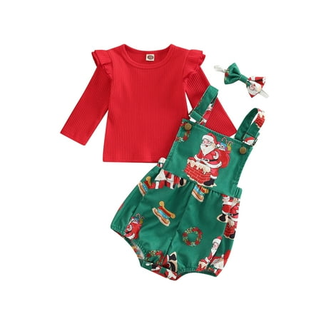 

xingqing 1-5 Years Christmas Toddler Baby Girl Overall Shorts Set Long Sleeve Ribbed T-Shirt Santa Claus Printed Romper Pants Red 2-3 Years