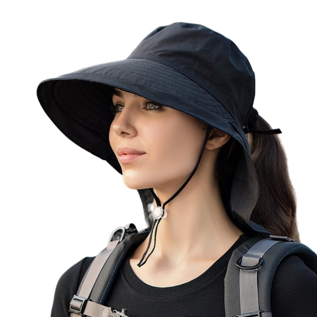 Sombrero para el sol para mujer con solapa para el cuello, ala ancha, protección UV, sombrero tipo pescador con orificio para cola de caballo, correa para la barbilla