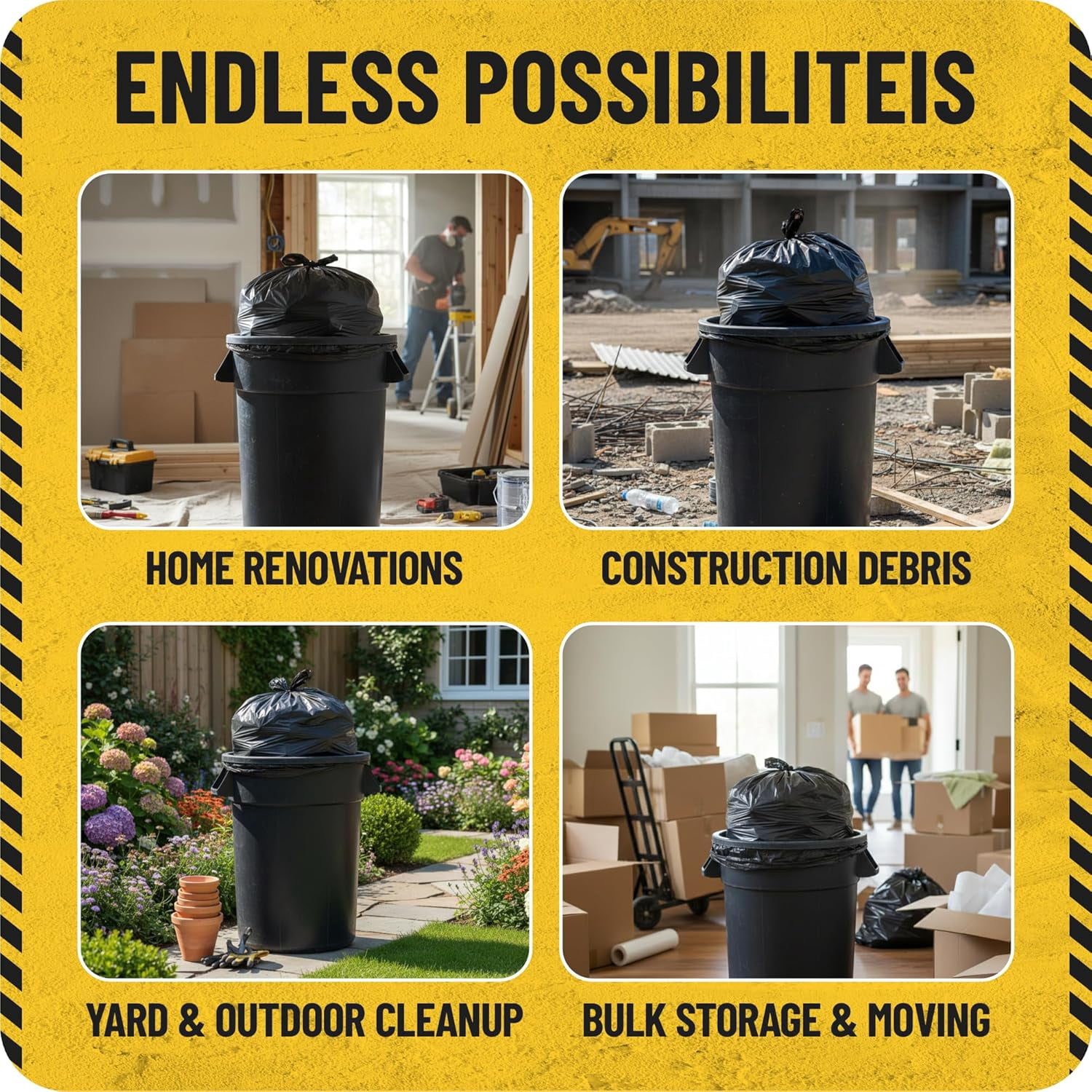MAAXForce 55 Gallon Contractor Trash Bags | 2 Mil Heavy-Duty Black Garbage Bags | Leak-Proof, Puncture-Resistant | Made in USA | 36" x 56" Large Construction & Yard Cleanup Bags (40-Count)
