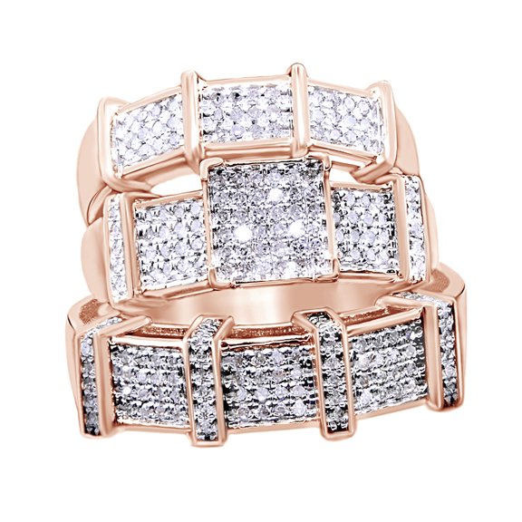 AFFY White Natural Diamond Engagement & Wedding Trio Band Ring Set In 10k Rose Gold (0.69 Cttw)