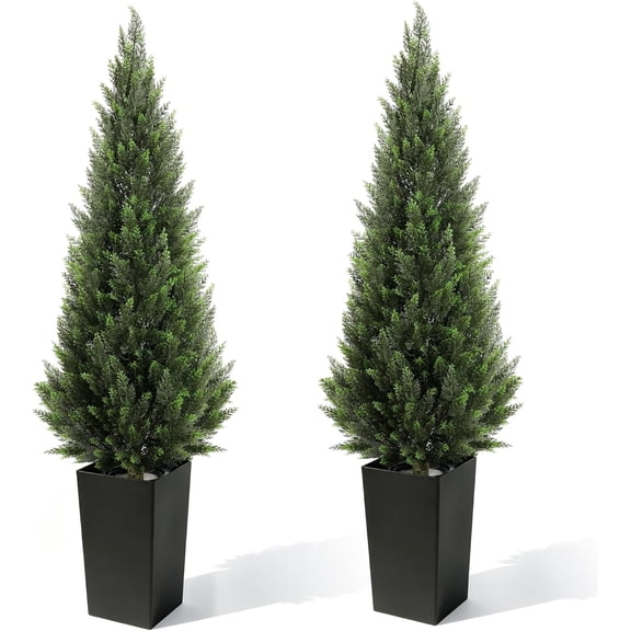 artificial cedar Set of two 6-foot-tall topiary trees with a compact pyramidal shape realistic faux cypress in a black square planter