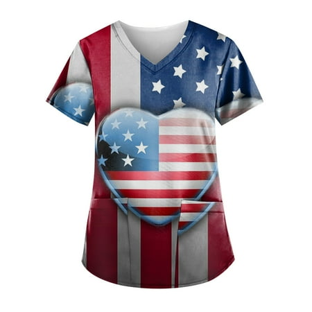 

XHJUN Scrub Tops Women Stretchy Plus Size Short Sleeve American Flag Working Uniform with Pocket Stretch Casual V-Neck Summer Holiday Workwear Blue XXXXL