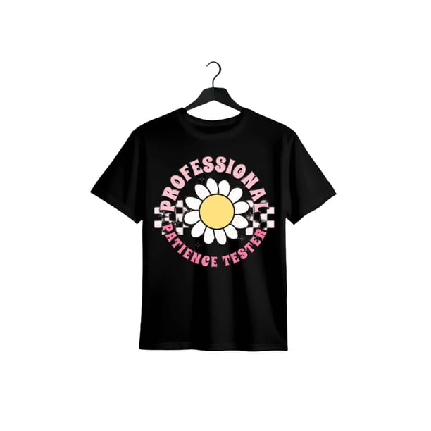 Girls' 100% Cotton Relaxed Fit T-Shirt - Black with "Professional Patience Tester" Graphic & Geometric Sunflower Print, Breathable Summer Casual Top, Machine Washable