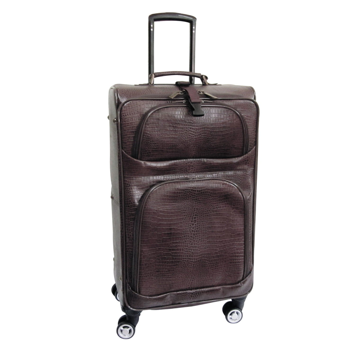 Amerileather Dk Brown Leather Croco-Print Luggage on Spinner Wheels ...